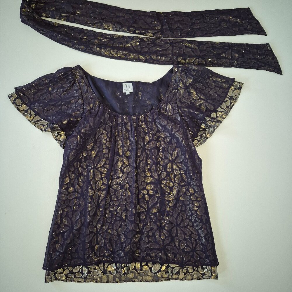 Halston Eggplant and Gold Patterned Top